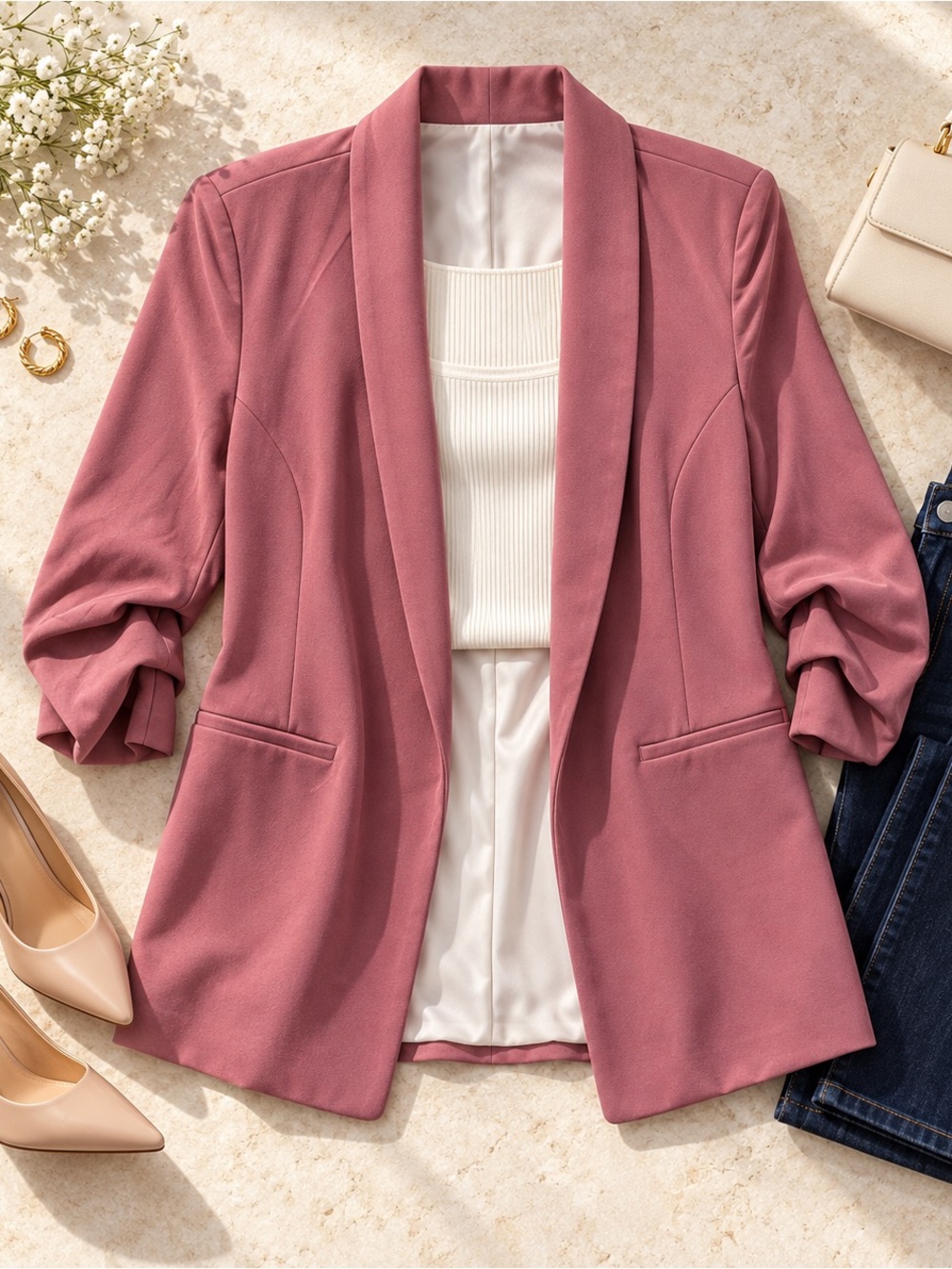 Fashion Nova Mauve Ruched Sleeve Longline Blazer Womens M Shawl Collar Stretch